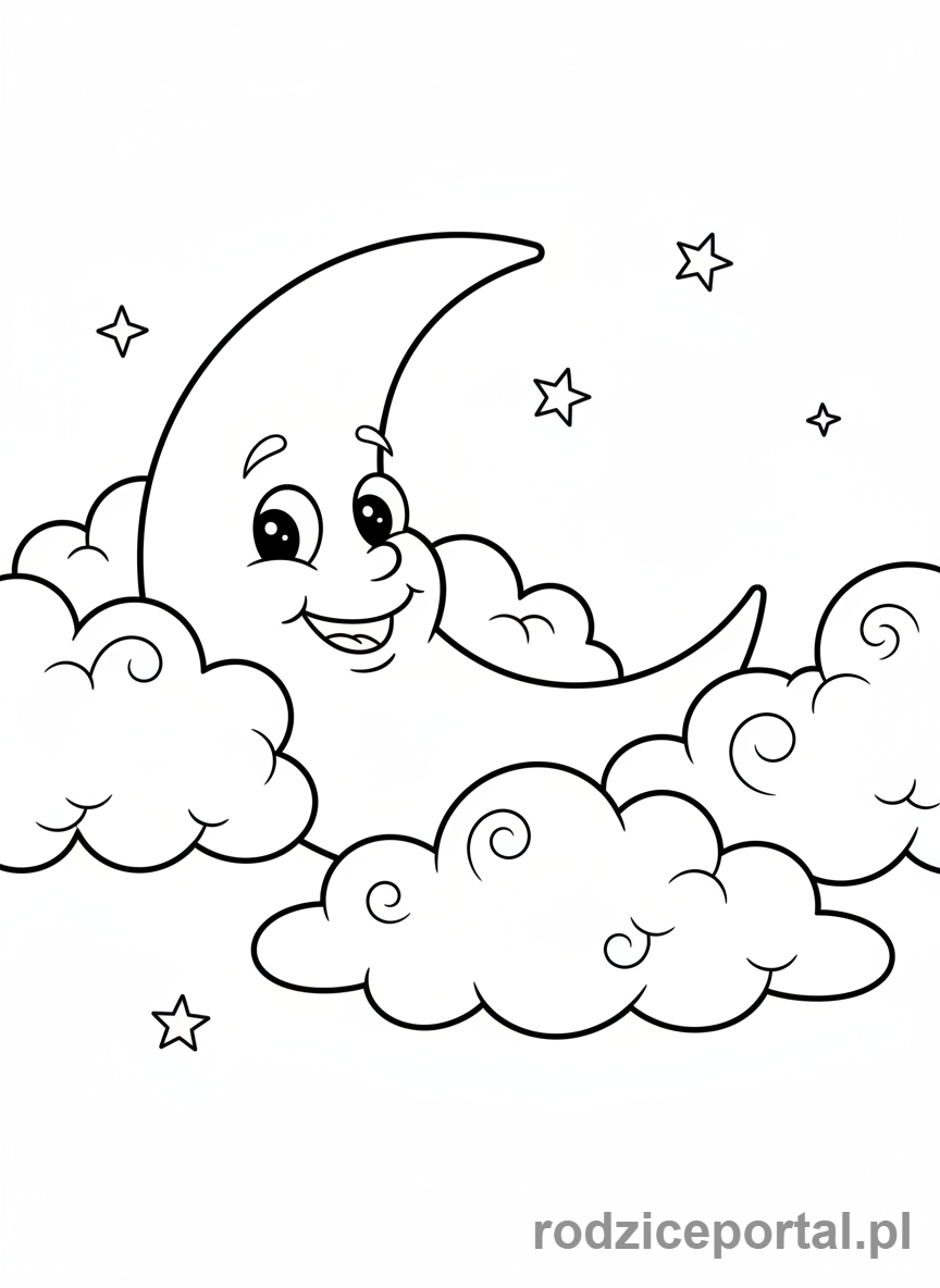 Kolorowanka Przed Snem - Uśmiechnięty księżyc i chmurki