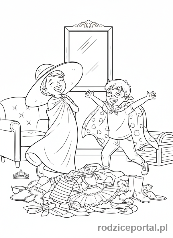 Kolorowanka Przedszkole - Dzieci bawią się w przebieranki