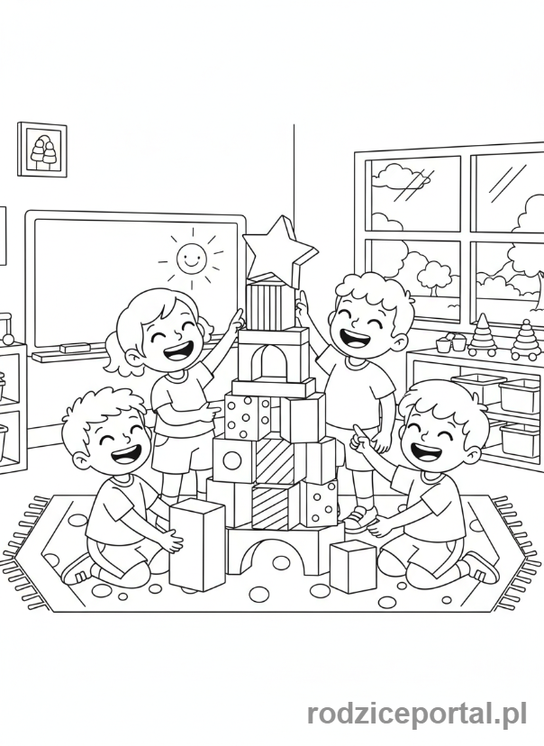 Kolorowanka Przedszkole - Dzieci budują z klocków