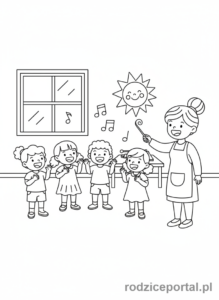 Kolorowanka Przedszkole - Grupa dzieci śpiewa