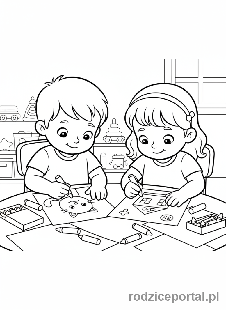Kolorowanka Przedszkole - Maluchy rysują przy stole