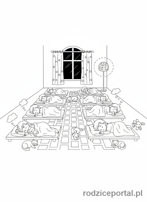 Kolorowanka Przedszkole - Maluchy śpią w łóżeczkach