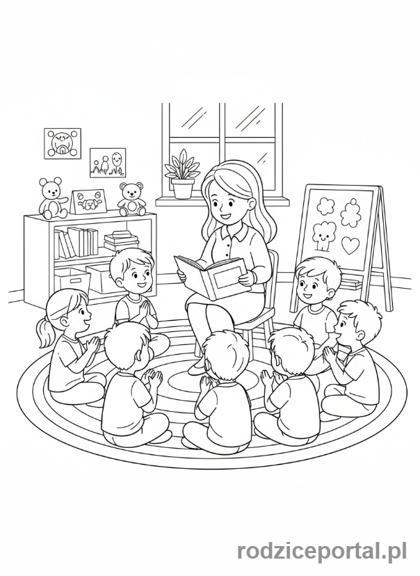 Kolorowanka Przedszkole - Nauczycielka czyta bajkę