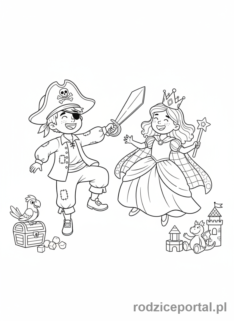 Kolorowanka Przedszkole Zadania - Dzieci przebierają się