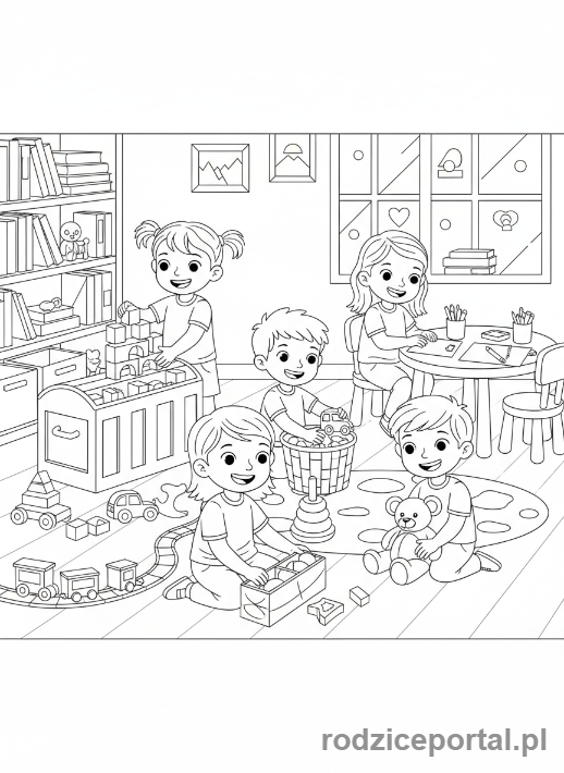 Kolorowanka Przedszkole Zadania - Dzieci sprzątają zabawki