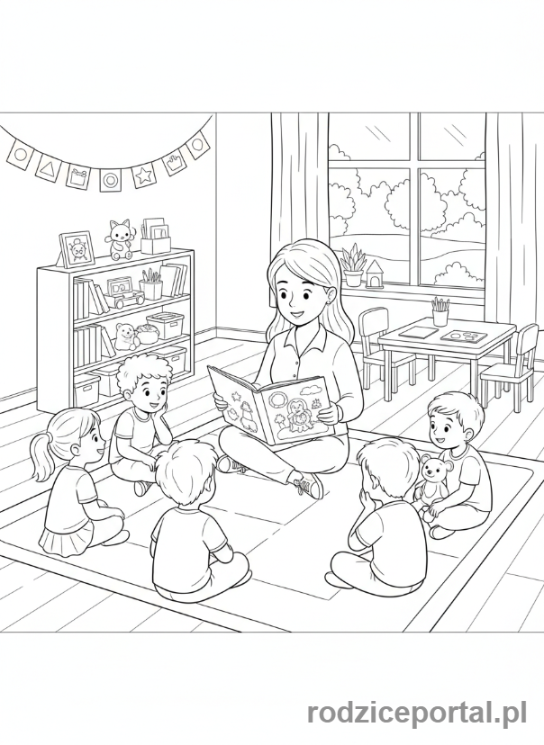Kolorowanka Przedszkole Zadania - Pani czyta książkę