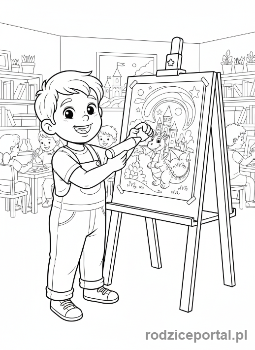 Kolorowanka Przedszkole Zadania - Rysowanie na sztaludze