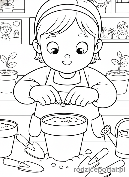 Kolorowanka Przedszkole Zadania - Sadzenie rośliny