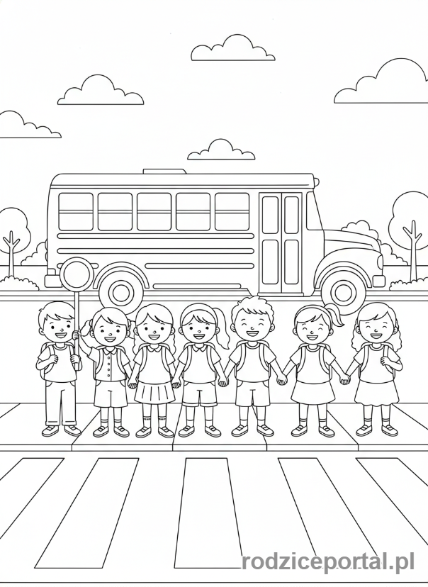 Kolorowanka Przejście Dla Pieszych - Dzieci ze szkoły na pasach.