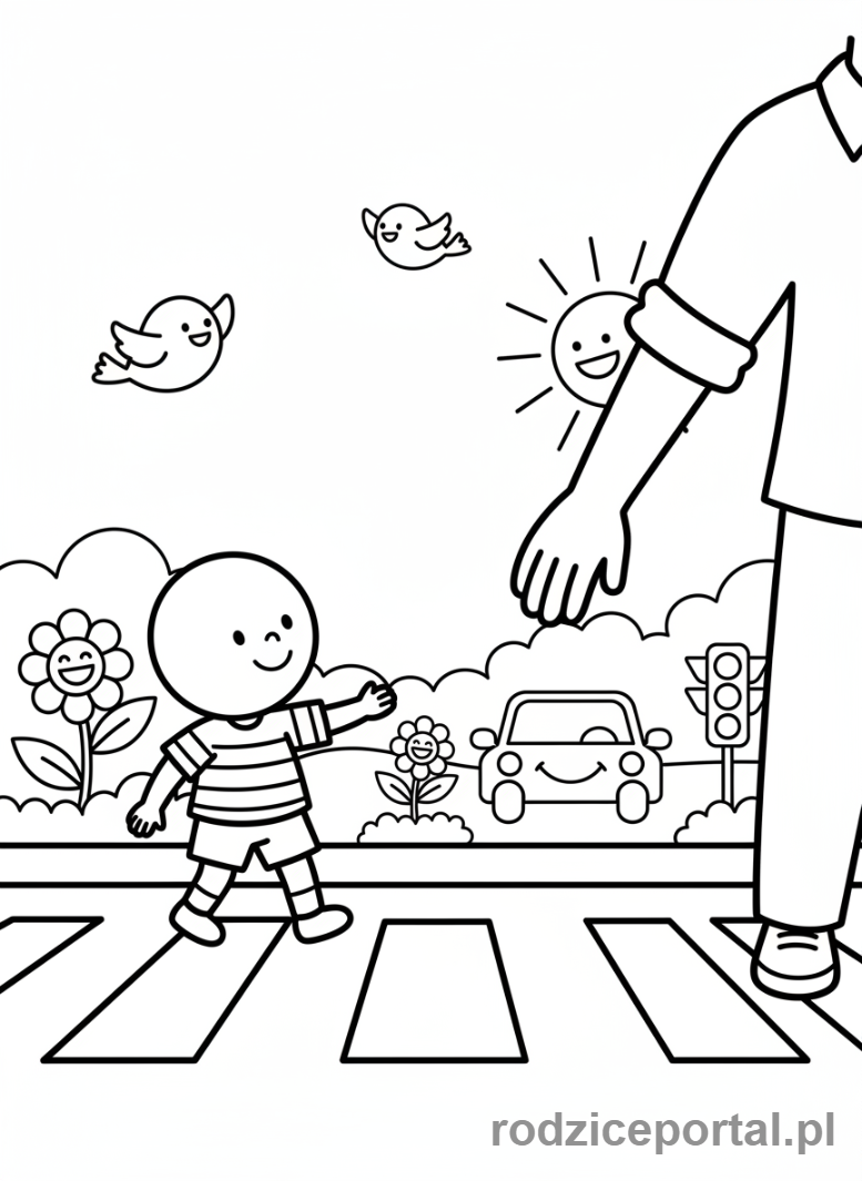 Kolorowanka Przejście Dla Pieszych - Dziecko przechodzi z opiekunem.