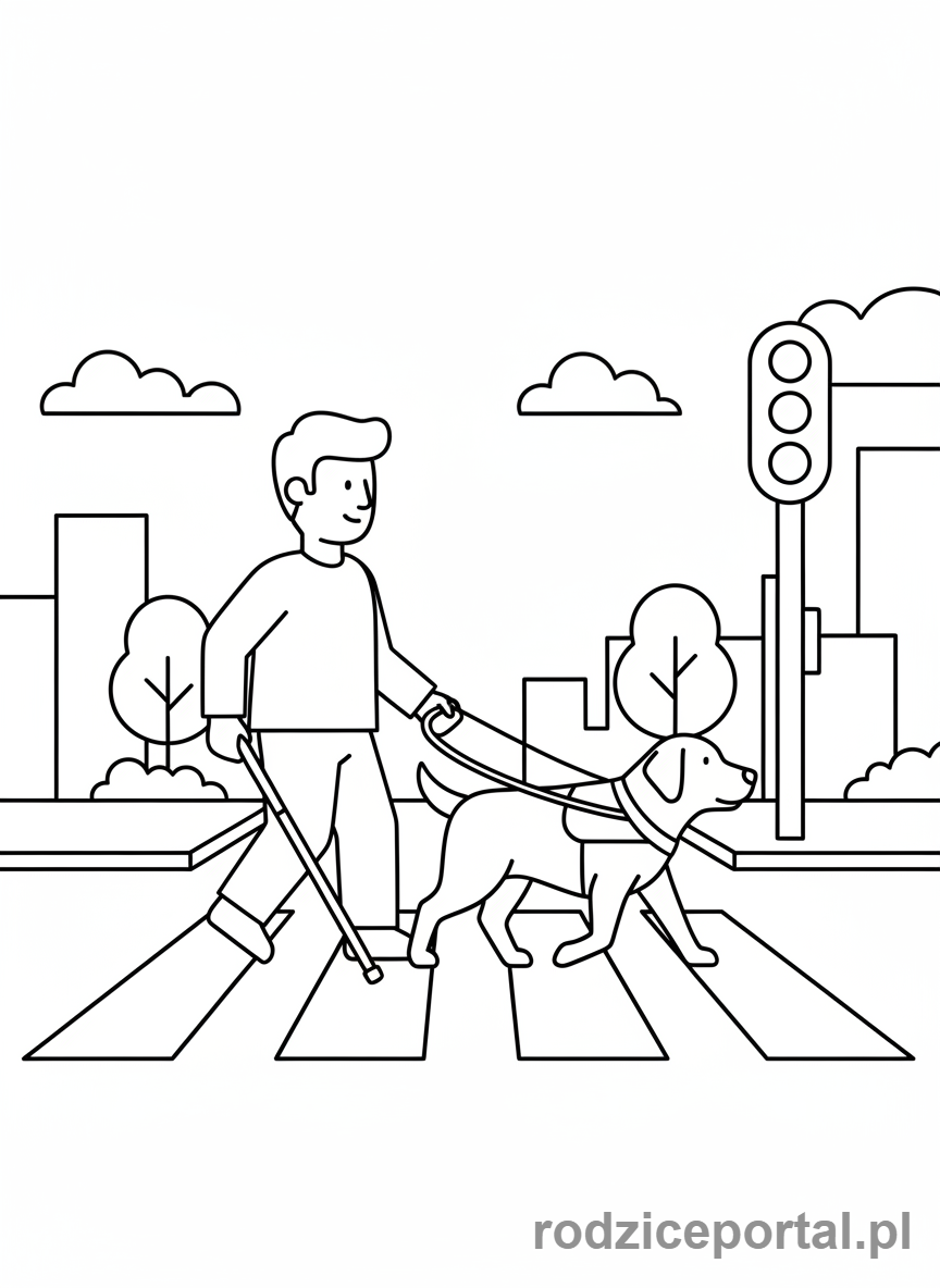 Kolorowanka Przejście Dla Pieszych - Osoba niewidoma z psem przewodnikiem.