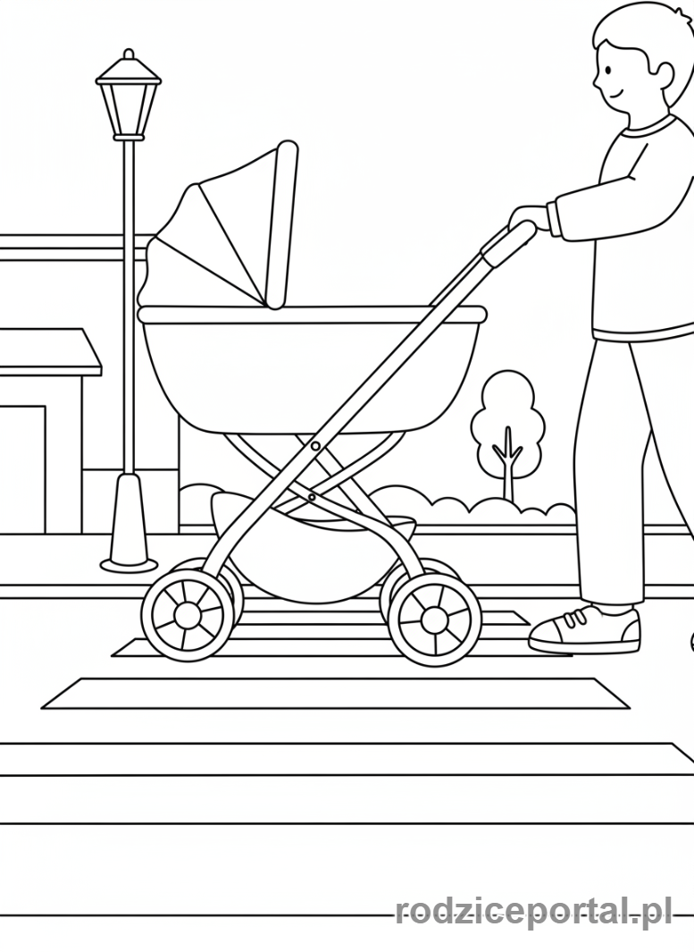 Kolorowanka Przejście Dla Pieszych - Osoba z wózkiem na pasach.