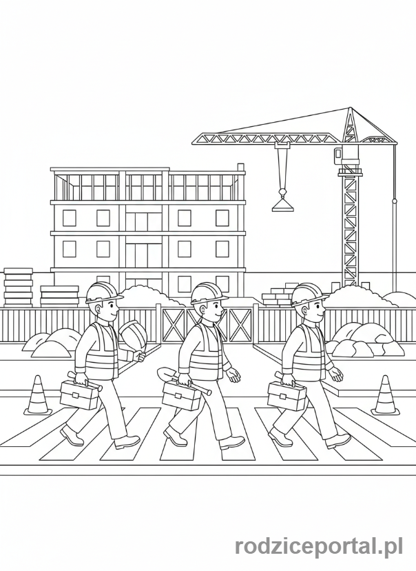 Kolorowanka Przejście Dla Pieszych - Robotnicy budowlani przechodzą przez pasy.
