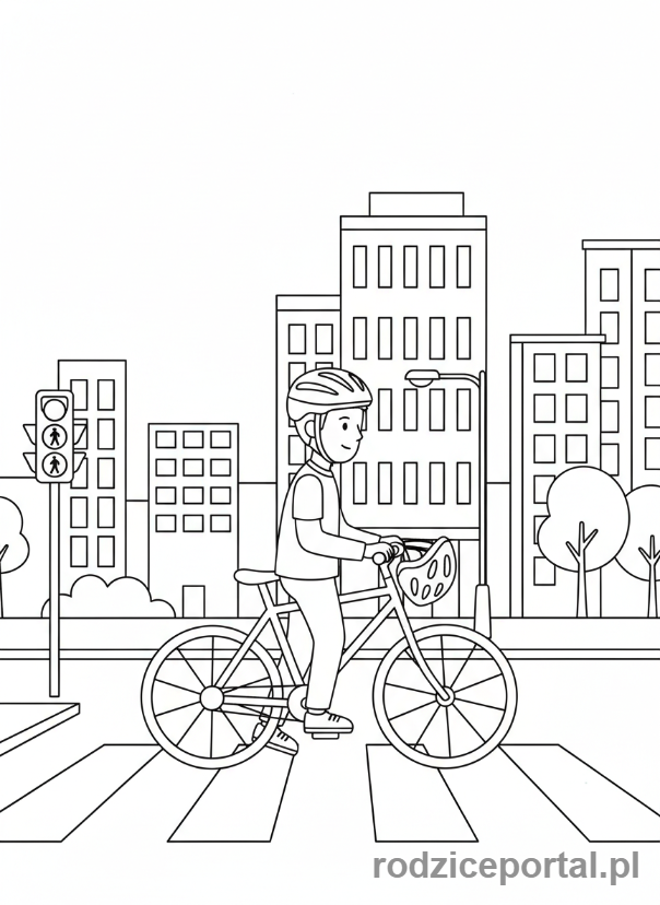 Kolorowanka Przejście Dla Pieszych - Rowerzysta prowadzi rower przez pasy.