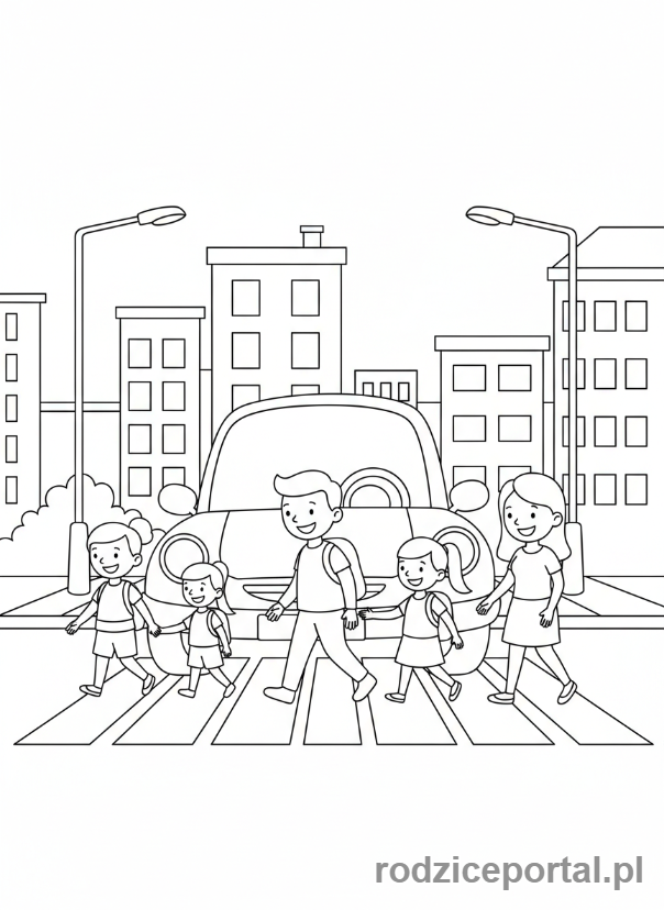 Kolorowanka Przejście Dla Pieszych - Samochód czeka przed pasami.