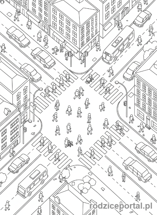 Kolorowanka Przejście Dla Pieszych - Zatłoczone skrzyżowanie z pasami.