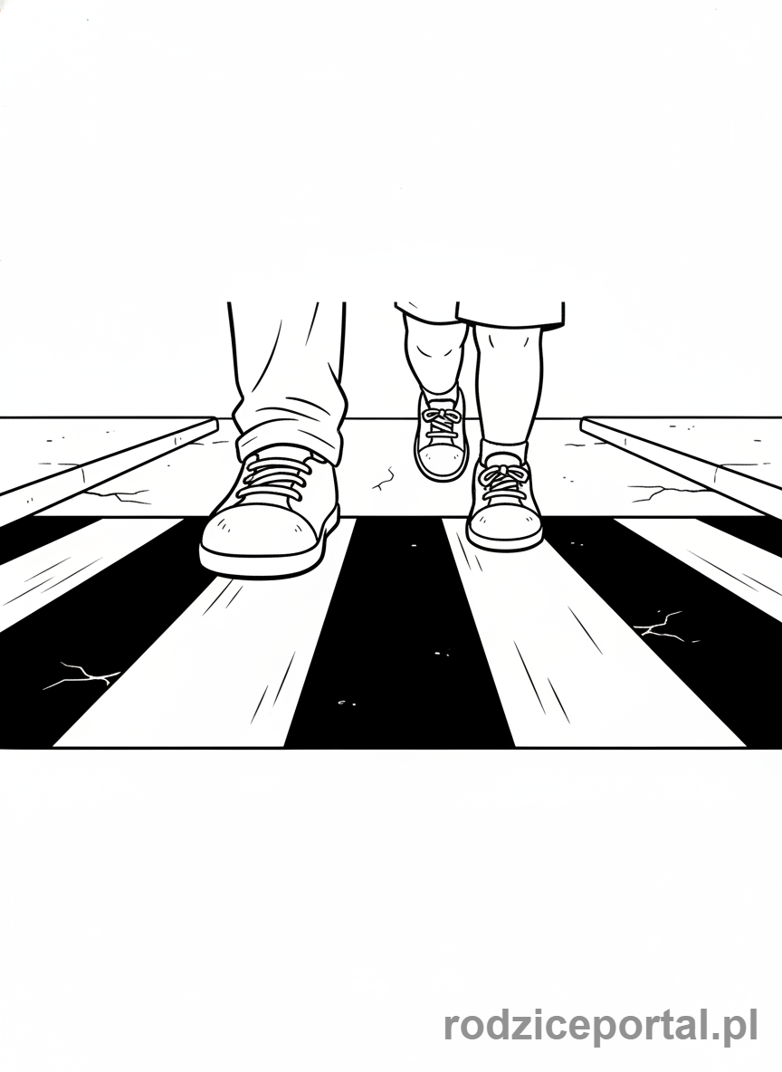 Kolorowanka Przejście Dla Pieszych - Zbliżenie na stopy na pasach.