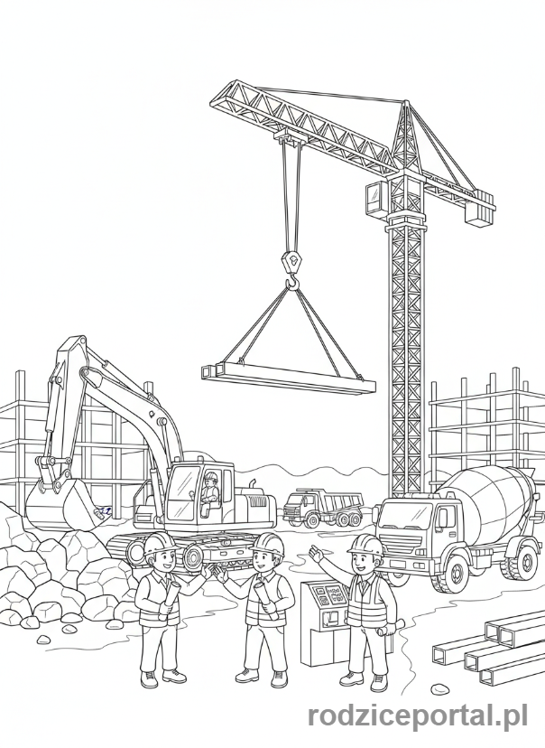 Kolorowanka Przemysł - Plac budowy z pracownikami