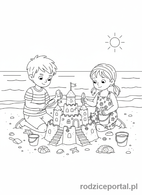 Kolorowanka Przyjaźń - Przyjaciele budujący zamek z piasku