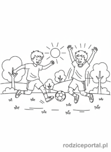 Kolorowanka Przyjaźń - Przyjaciele grający w piłkę w parku