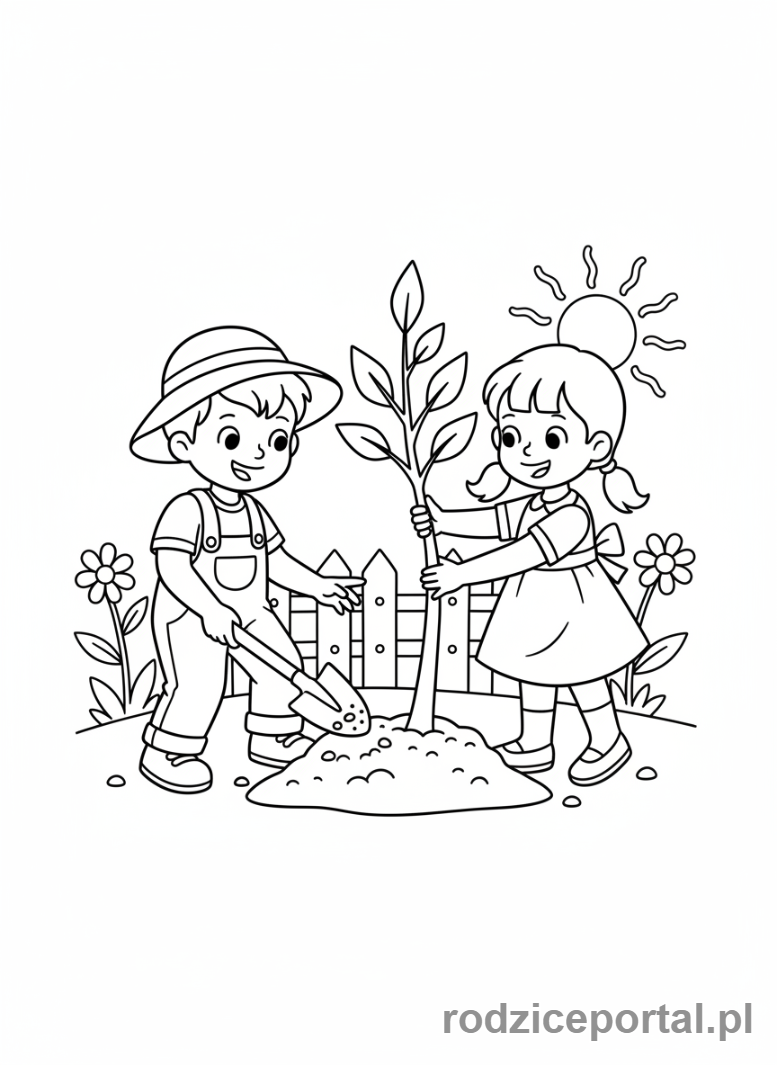Kolorowanka Przyroda Zadania - Dzieci sadzace drzewko