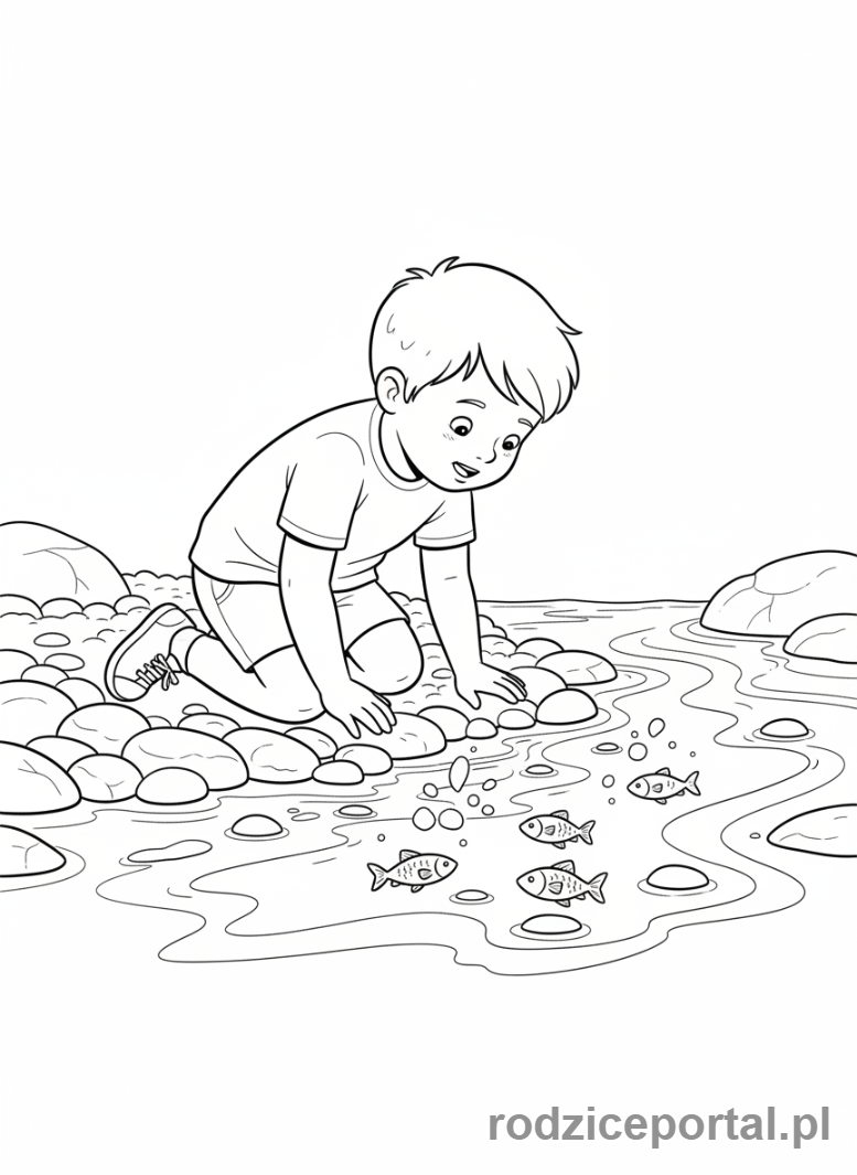 Kolorowanka Przyroda Zadania - Dziecko obserwuje ryby
