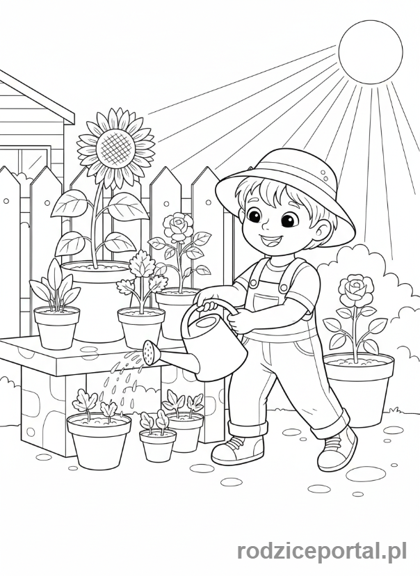 Kolorowanka Przyroda Zadania - Dziecko podlewa roslinki