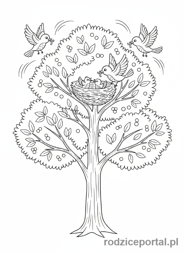 Kolorowanka Przyroda Zadania - Ptaki wokol gniazda
