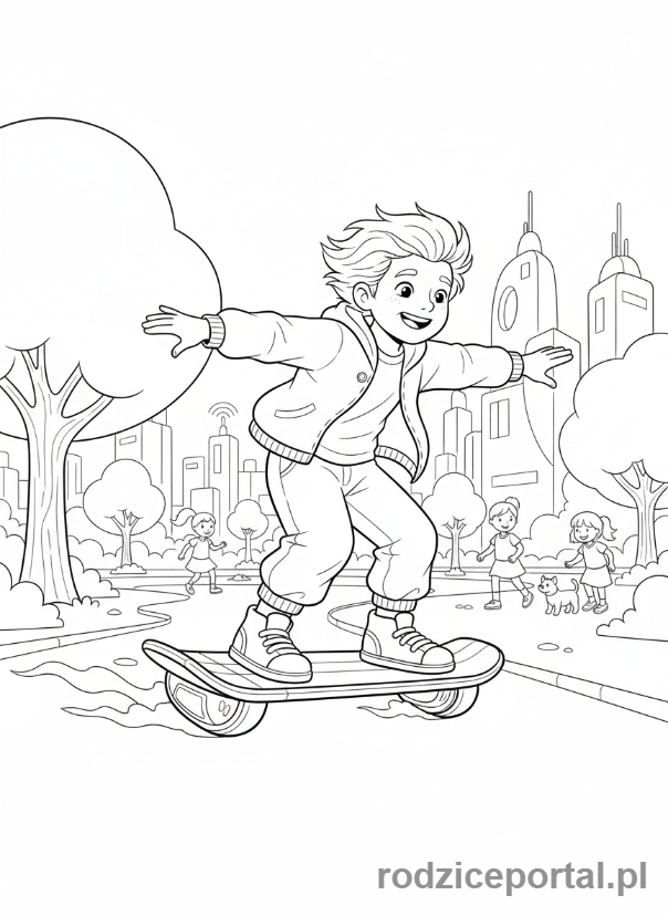 Kolorowanka Przyszłość - Dziecko na deskolotce