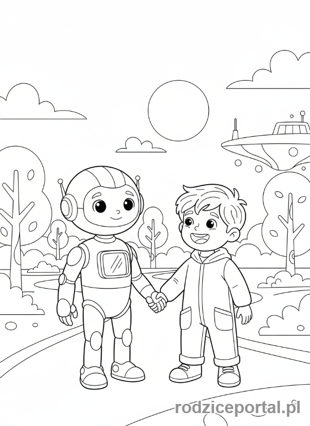 Kolorowanka Przyszłość - Dziecko z robotem-przyjacielem