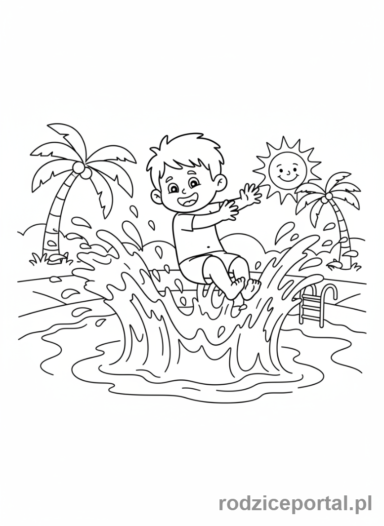 Kolorowanka Pływanie - Chłopiec skaczący do wody