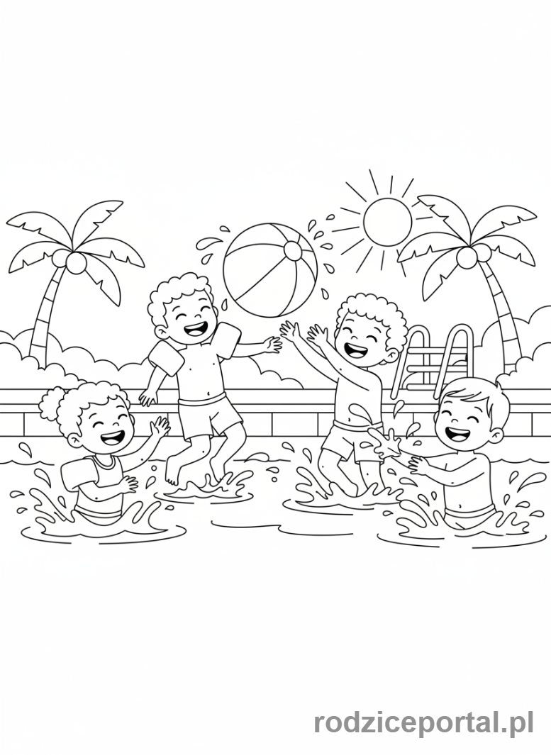 Kolorowanka Pływanie - Dzieci grające w piłkę
