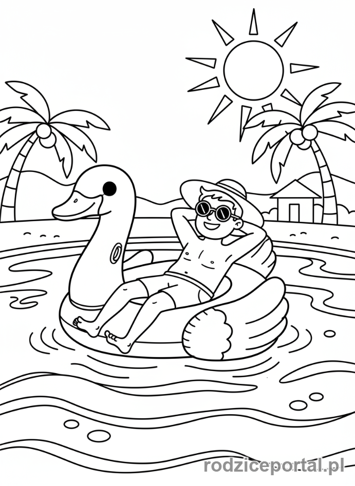 Kolorowanka Pływanie - Mężczyzna na materacu