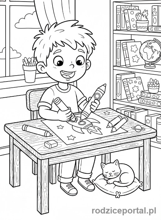 Kolorowanka Rakieta - Dziecko rysuje rakietę