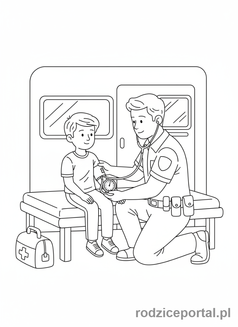 Kolorowanka Ratownik Medyczny - Ratownik mierzy ciśnienie