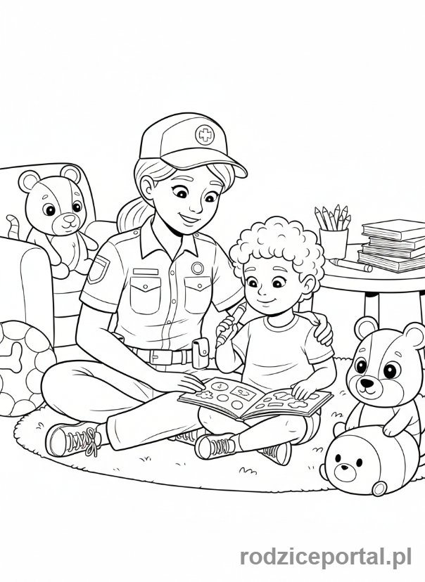 Kolorowanka Ratownik Medyczny - Ratownik pociesza dziecko