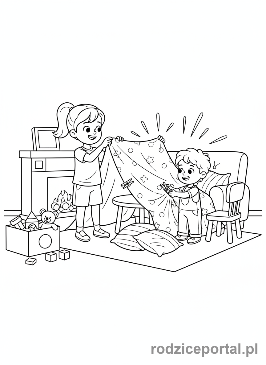 Kolorowanka Relacje Rodzinne - Dwoje rodzeństwa budującego bazę