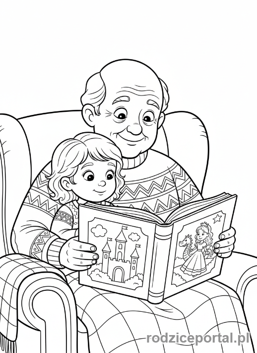 Kolorowanka Relacje Rodzinne - Dziadkowie czytający wnukowi bajkę