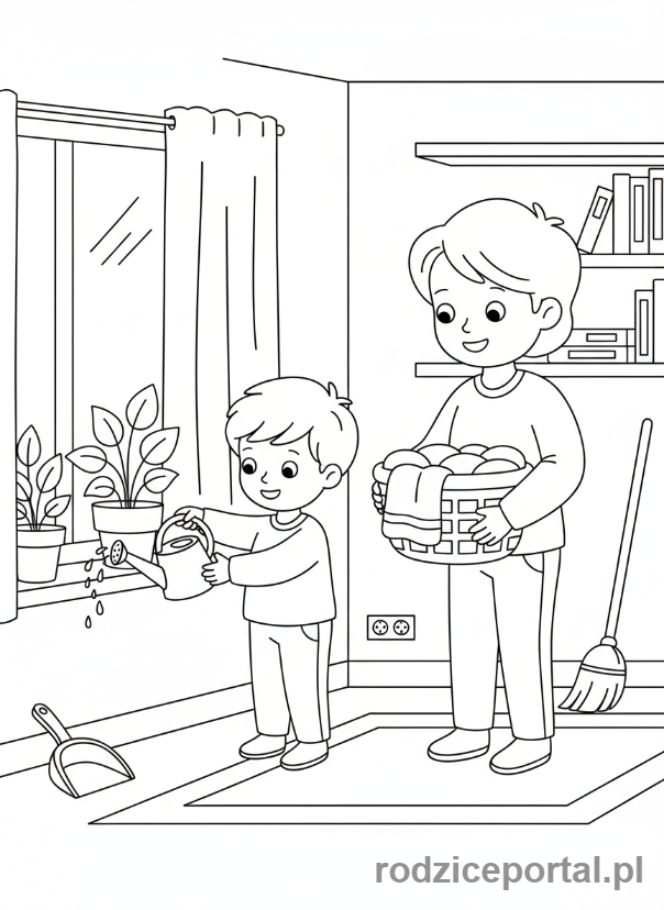 Kolorowanka Relacje Rodzinne - Dziecko pomagające rodzicowi w pracach domowych