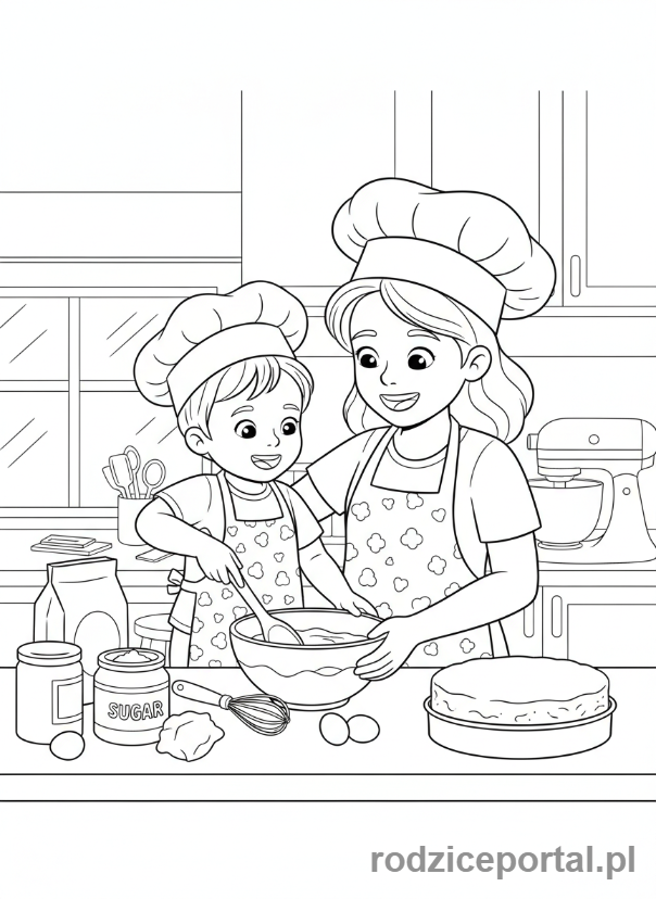 Kolorowanka Relacje Rodzinne - Matka z dzieckiem piekące ciasto