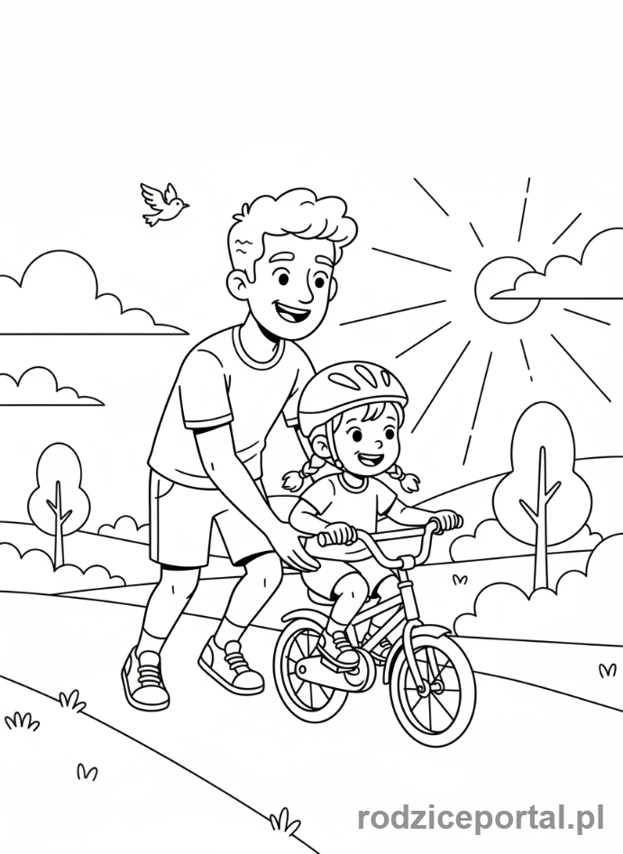 Kolorowanka Relacje Rodzinne - Ojciec uczący dziecko jeździć na rowerze