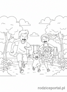 Kolorowanka Relacje Rodzinne - Rodzice z dzieckiem bawiący się w parku