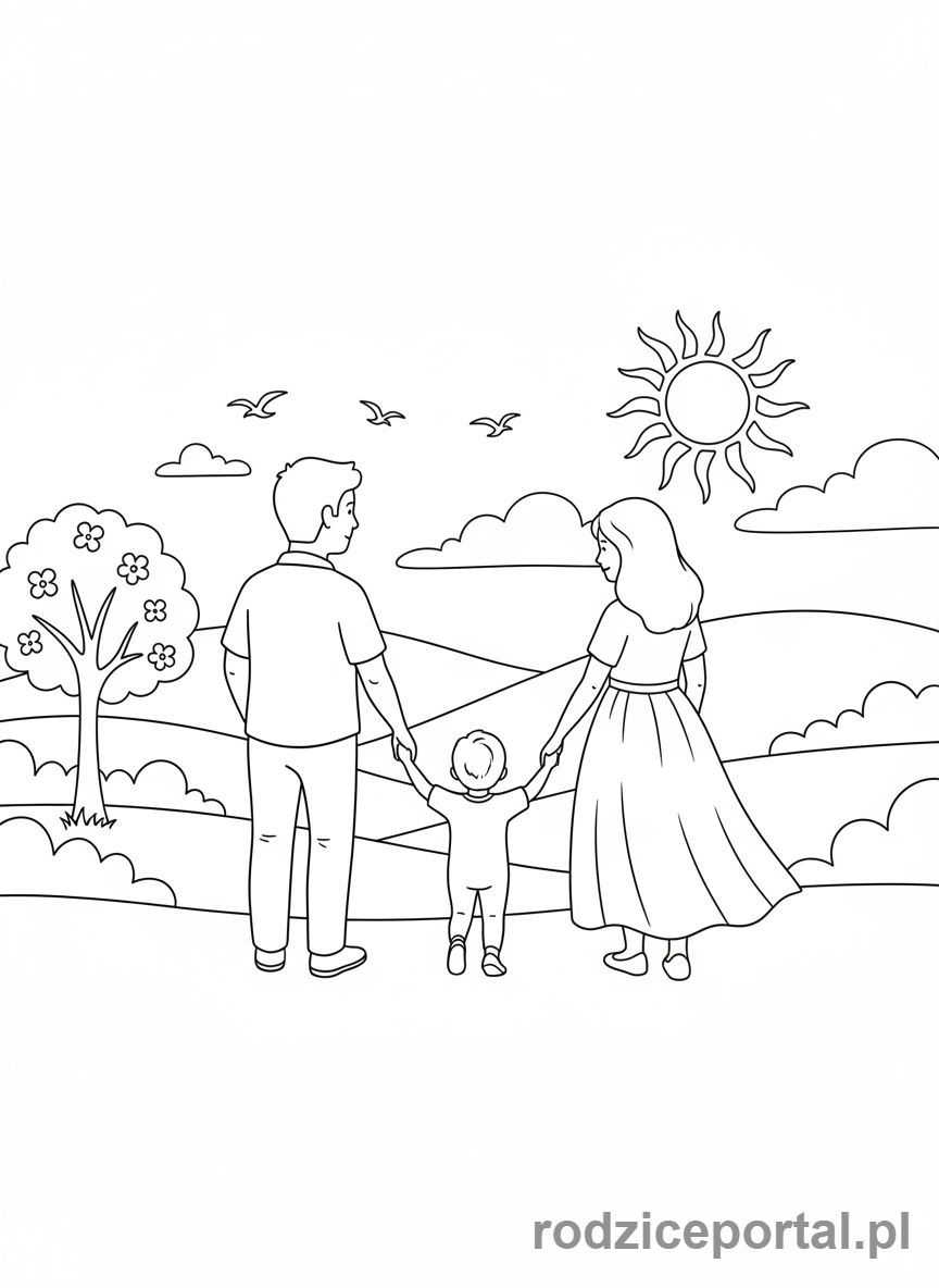Kolorowanka Relacje Rodzinne - Rodzina idąca za ręce