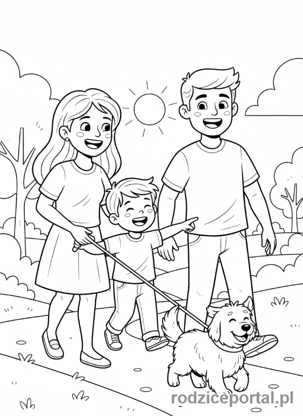 Kolorowanka Relacje Rodzinne - Rodzina z psem na spacerze