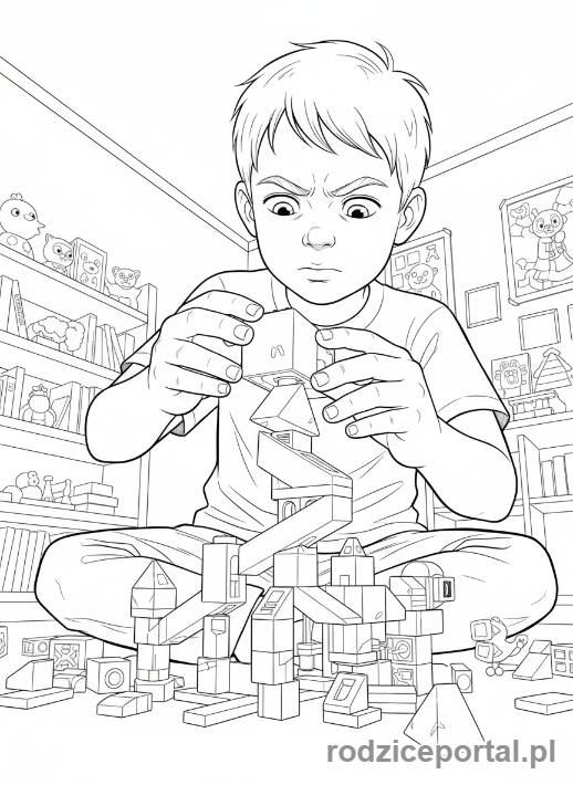 Kolorowanka Relaks Po Szkole - Chłopiec budujący konstrukcję z klocków.
