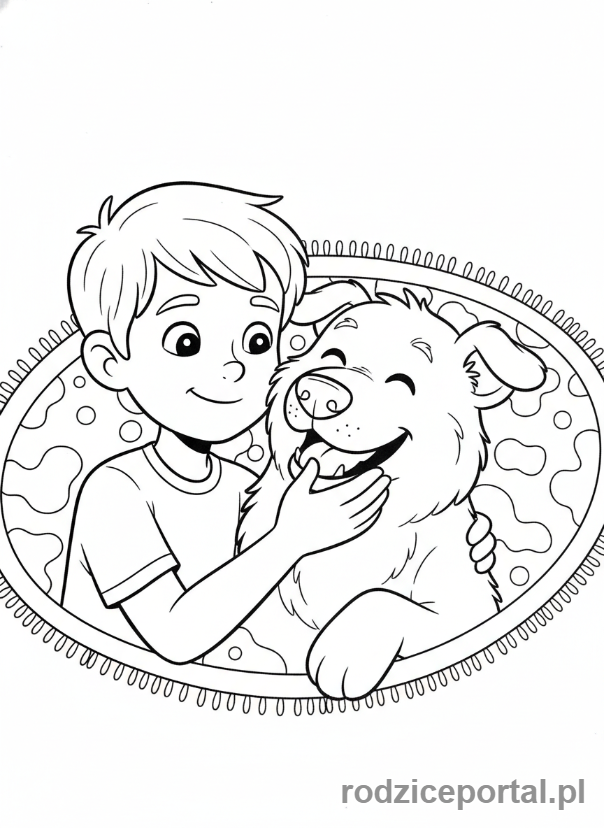 Kolorowanka Relaks Po Szkole - Chłopiec głaszczący psa na dywanie.