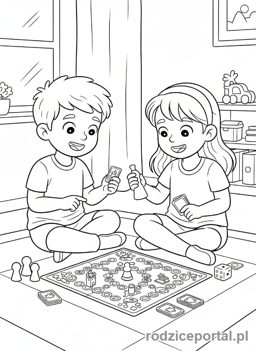 Kolorowanka Relaks Po Szkole - Dwoje dzieci grających w planszówkę na podłodze.