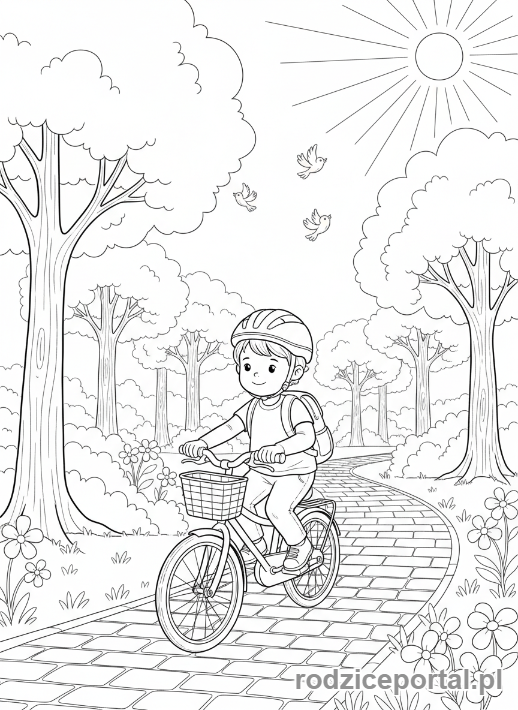 Kolorowanka Relaks Po Szkole - Dziecko jadące spokojnie na rowerze w parku.