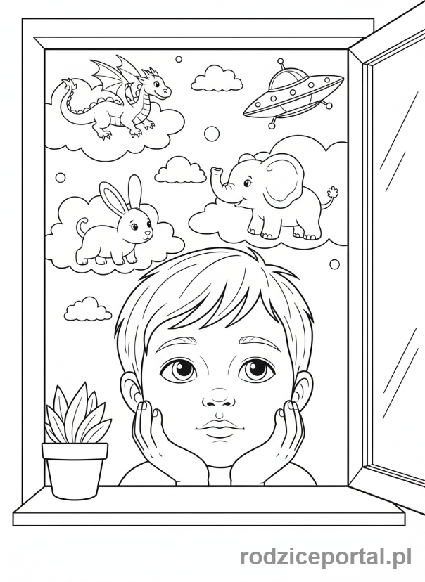 Kolorowanka Relaks Po Szkole - Dziecko patrzące na chmury przez okno.