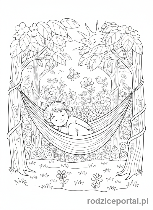 Kolorowanka Relaks Po Szkole - Dziecko relaksujące się w hamaku w ogrodzie.